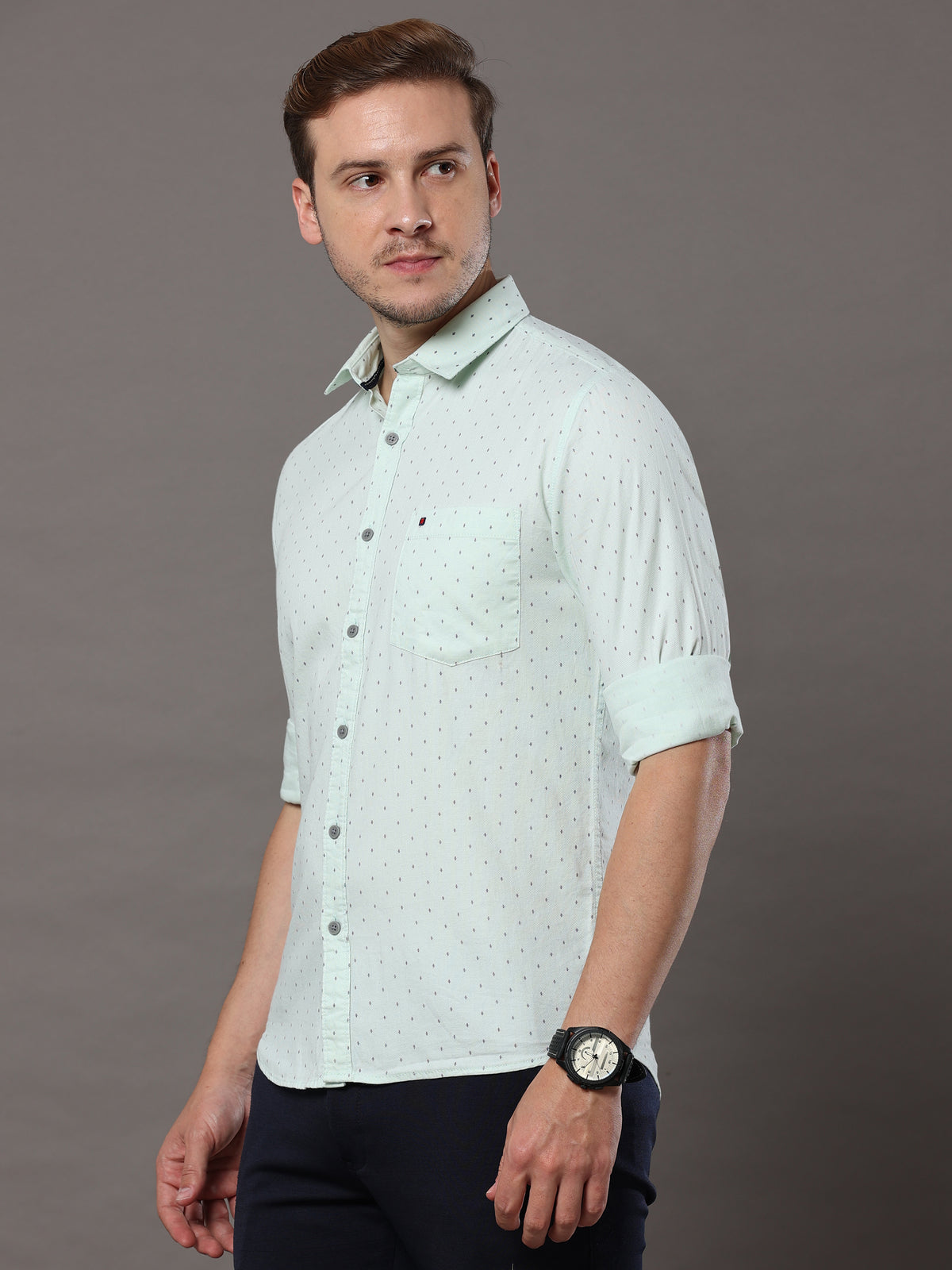 Shop Men's Light Green Slim Fit Cotton Casual Printed Shirt Online.