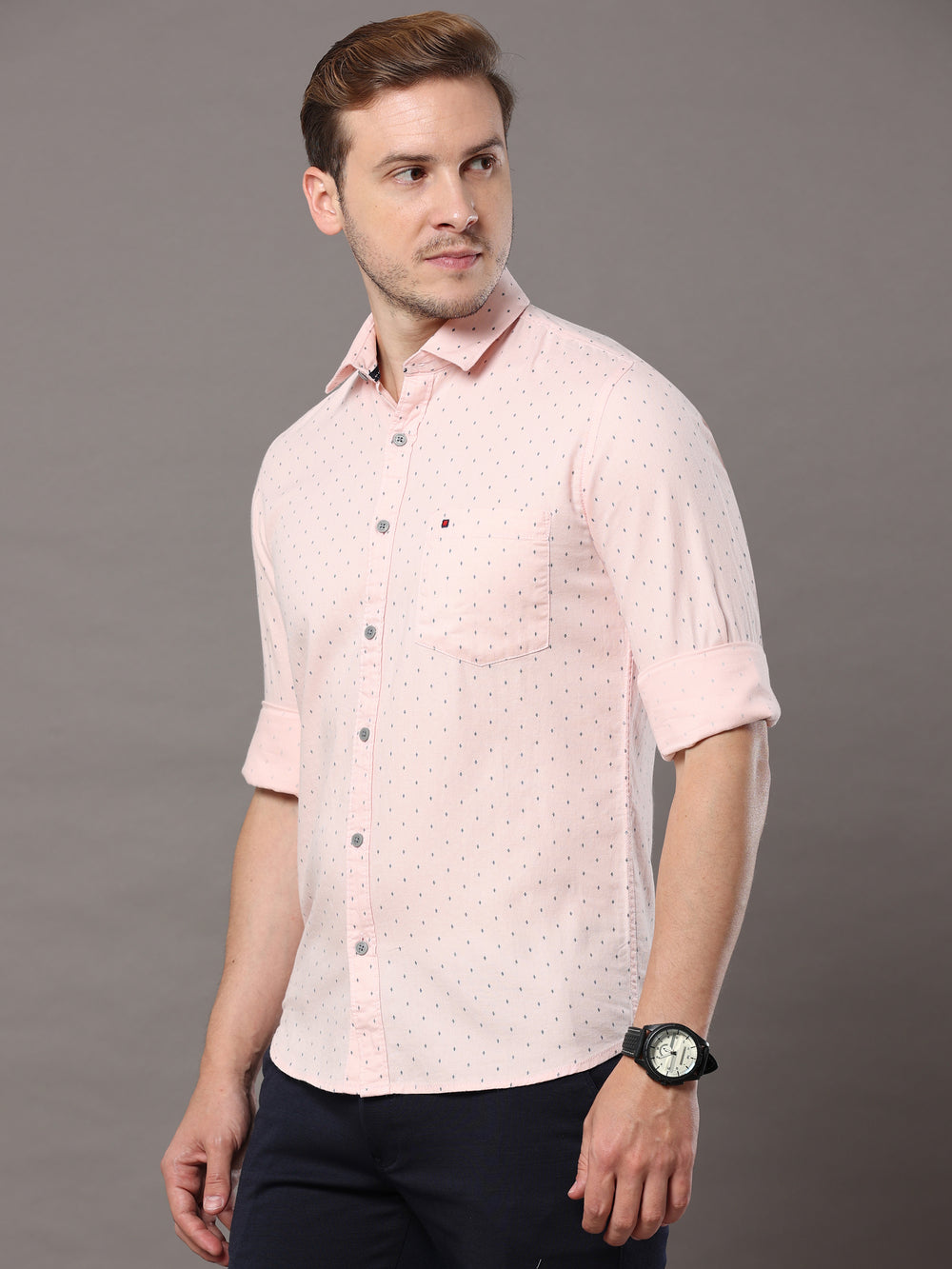 Men's Light Pink Slim Fit Printed Full Sleeves Casual Shirts