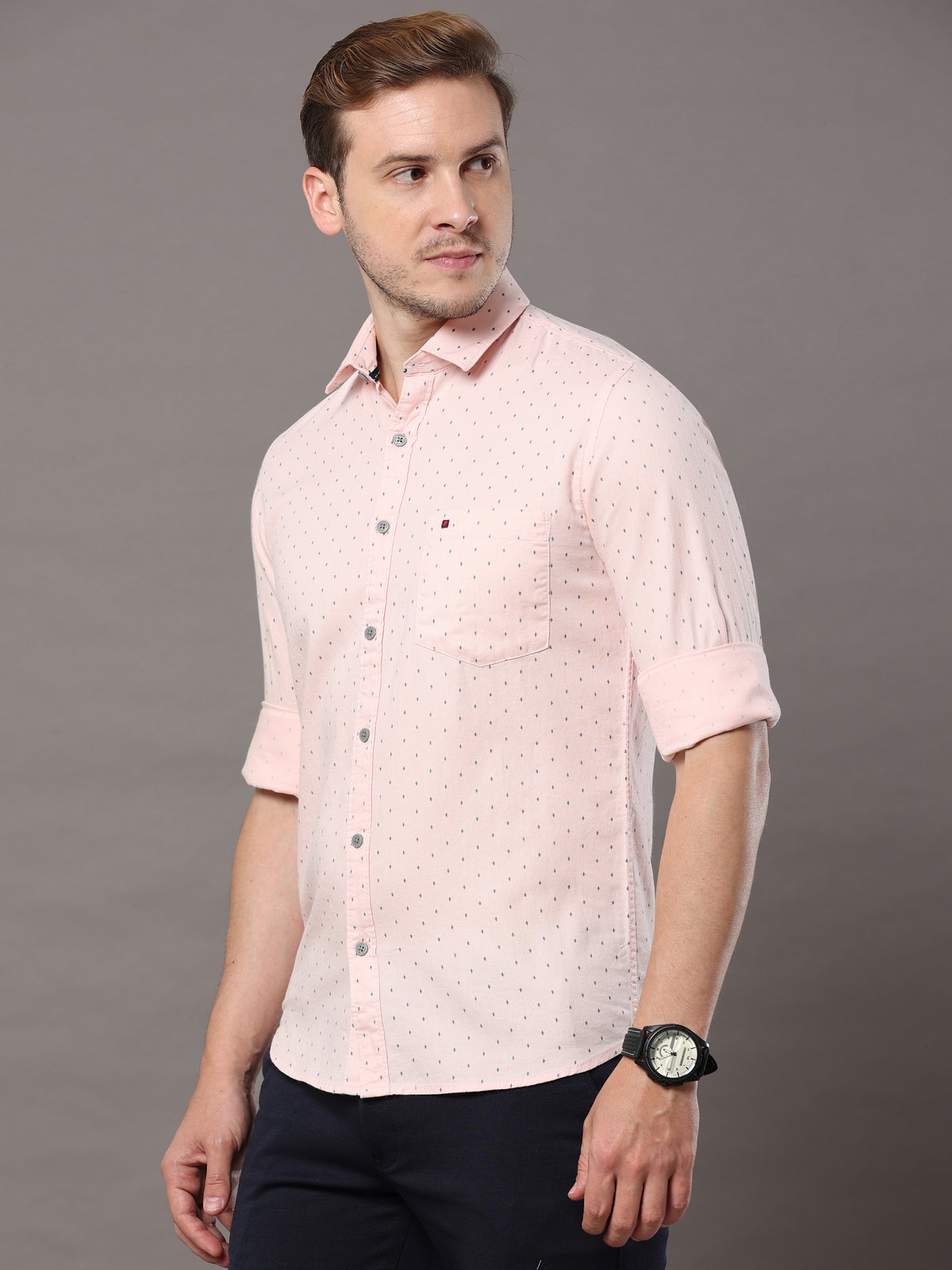 Men's Light Pink Slim Fit Printed Full Sleeves Casual Shirts