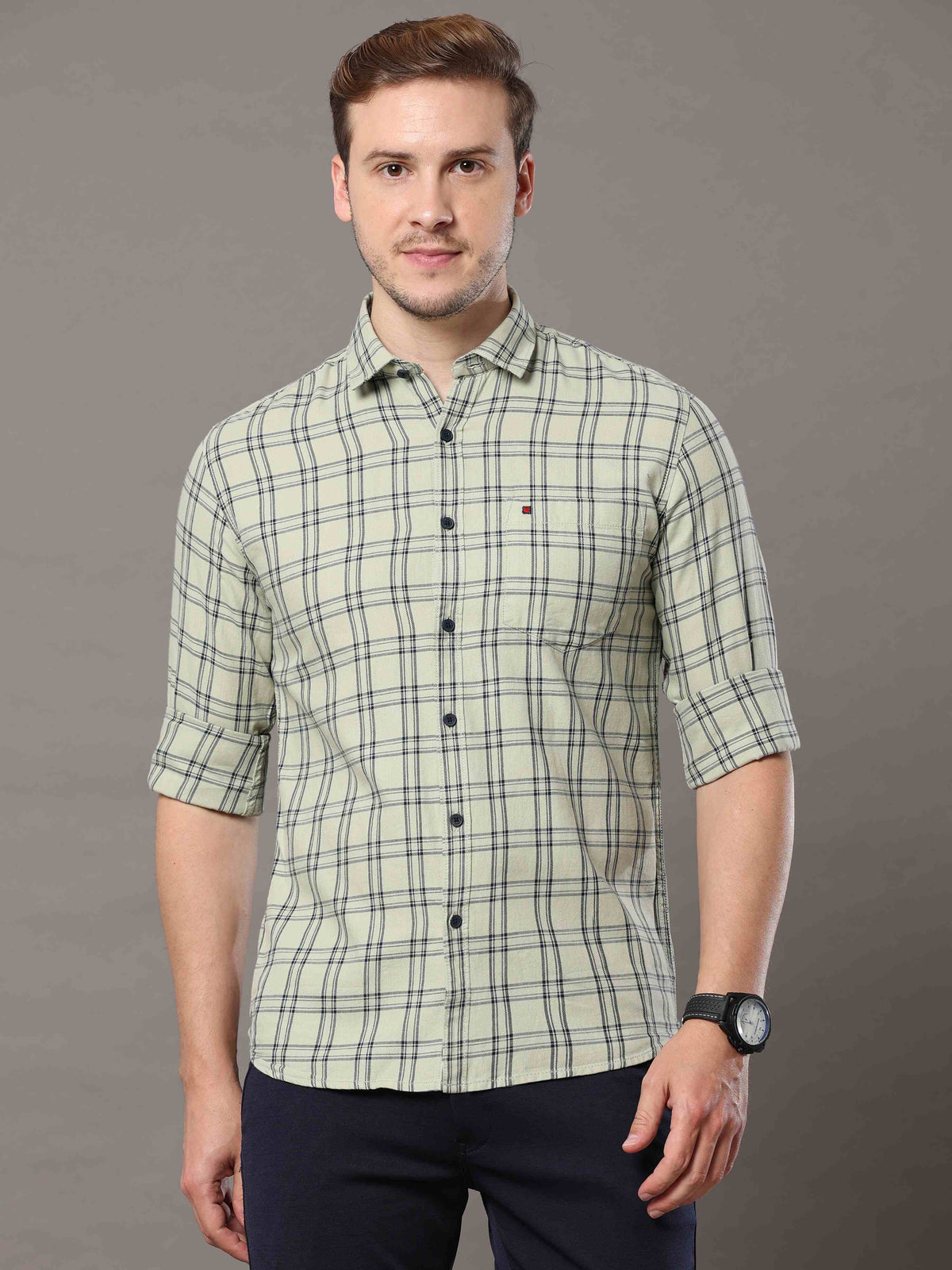 Shop Men's Olive Green Slim Fit Cotton Casual Checks Shirt Online.