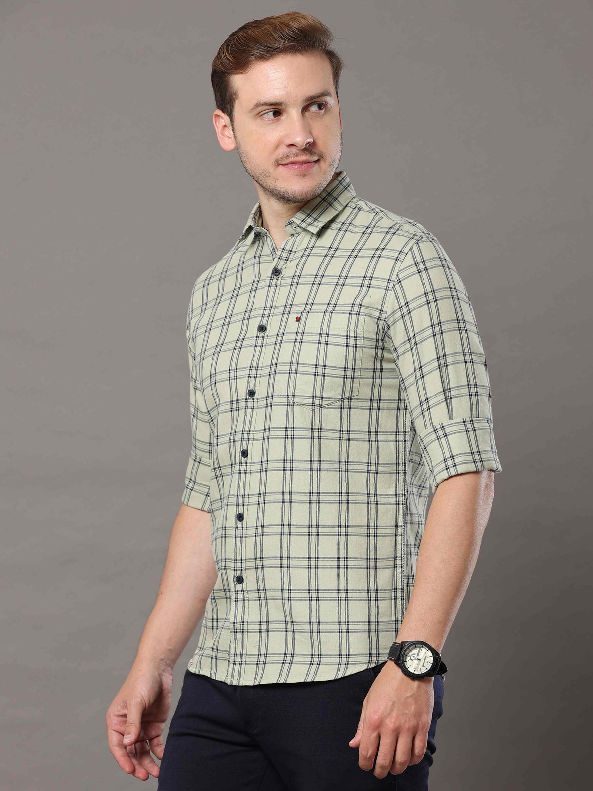 Shop Men's Olive Green Slim Fit Cotton Casual Checks Shirt Online.