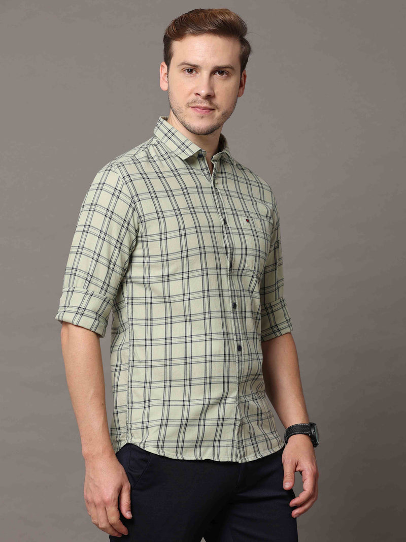 Shop Men's Olive Green Slim Fit Cotton Casual Checks Shirt Online.