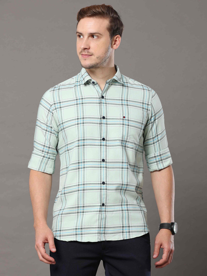 Shop Men's Light Green Slim Fit Cotton Casual Checks Shirt Online.