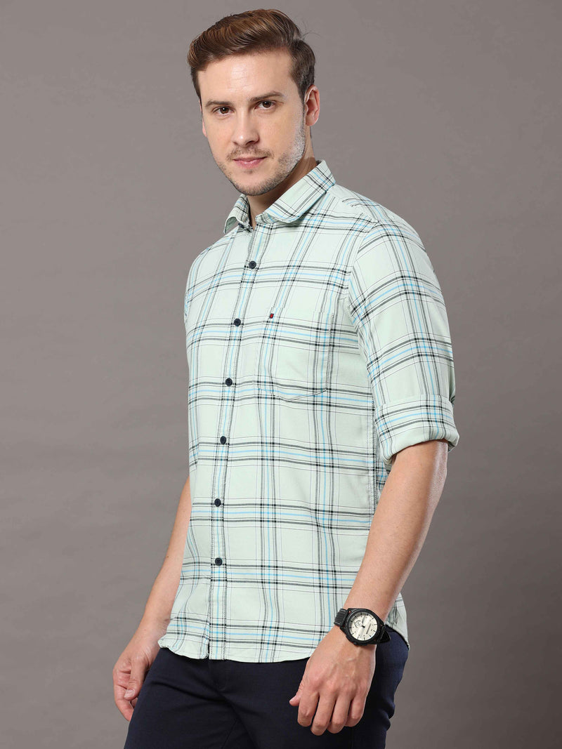 Shop Men's Light Green Slim Fit Cotton Casual Checks Shirt Online.