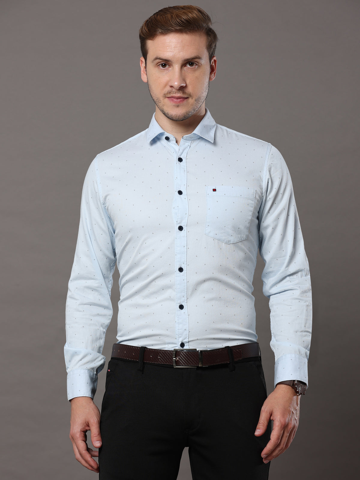 Men's Sky Blue Slim Fit Printed Full Sleeves Casual Shirts