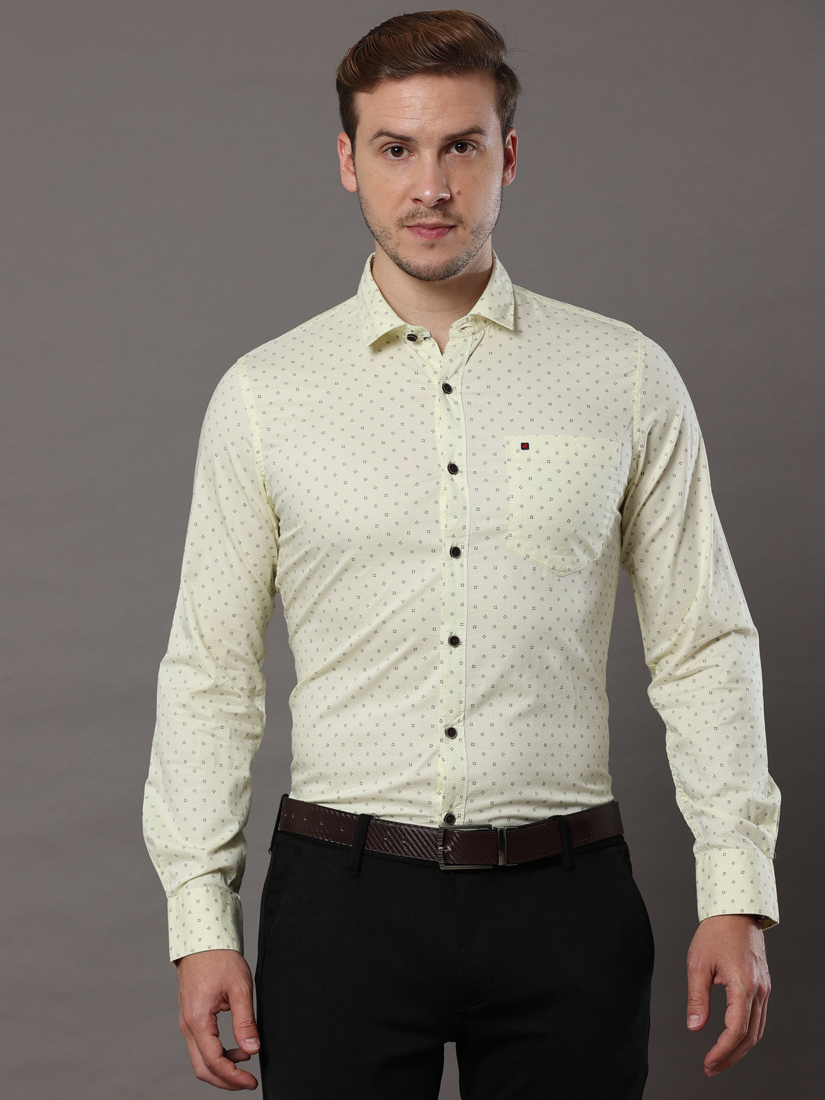 Men's Light Yellow Slim Fit Printed Full Sleeves Casual Shirts