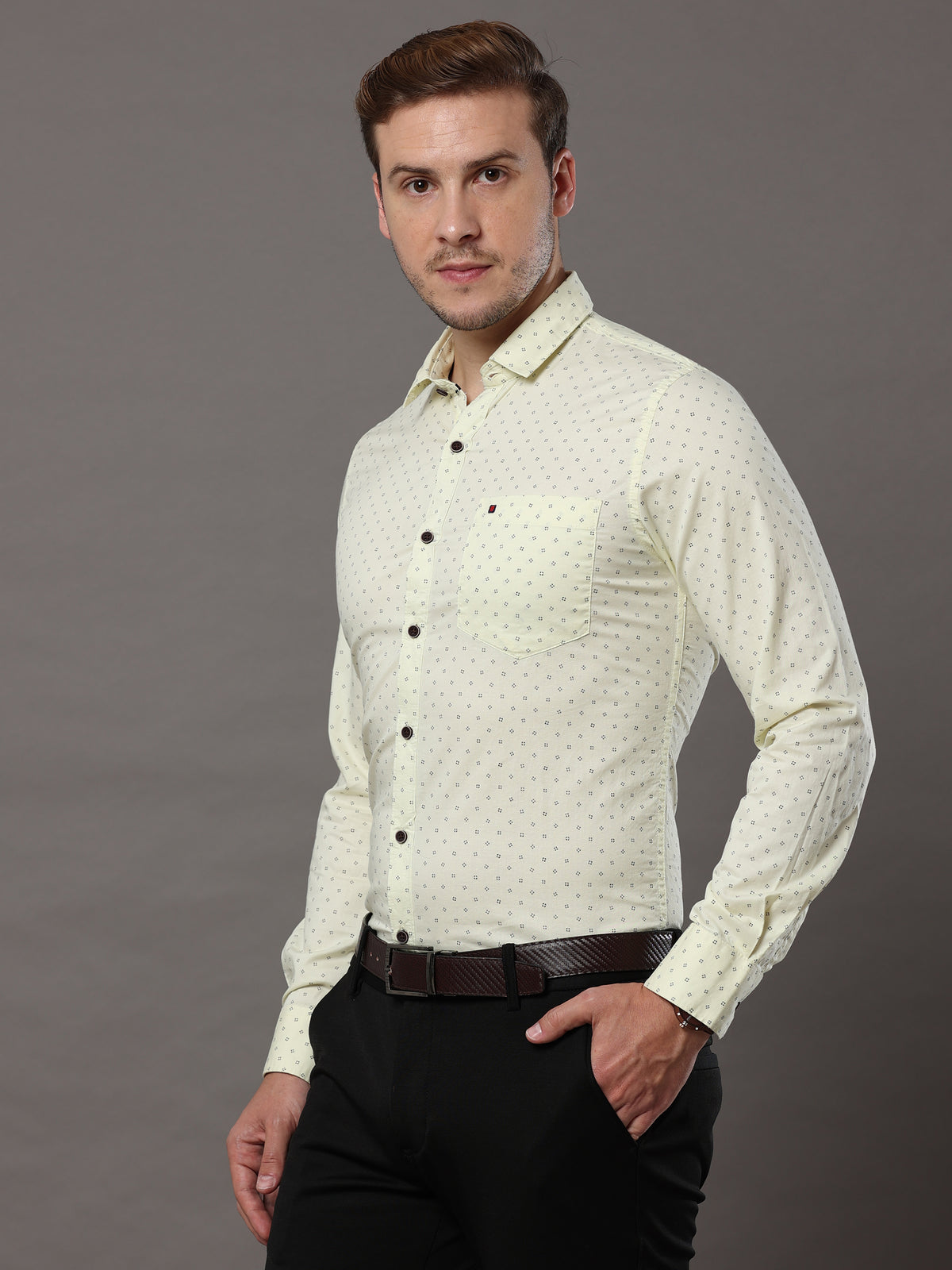 Shop Men's Light Yellow Slim Fit Cotton Casual Printed Shirt Online.