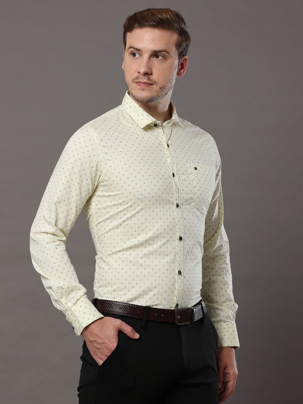 Men's Light Yellow Slim Fit Printed Full Sleeves Casual Shirts