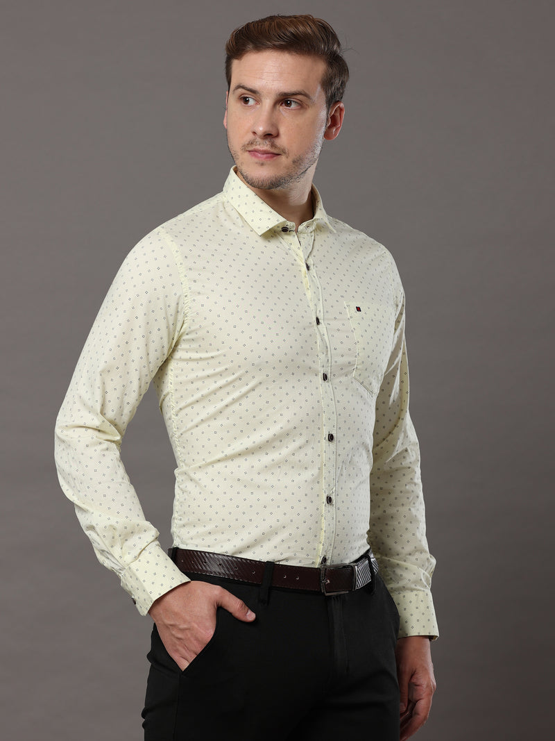 Shop Men's Light Yellow Slim Fit Cotton Casual Printed Shirt Online.