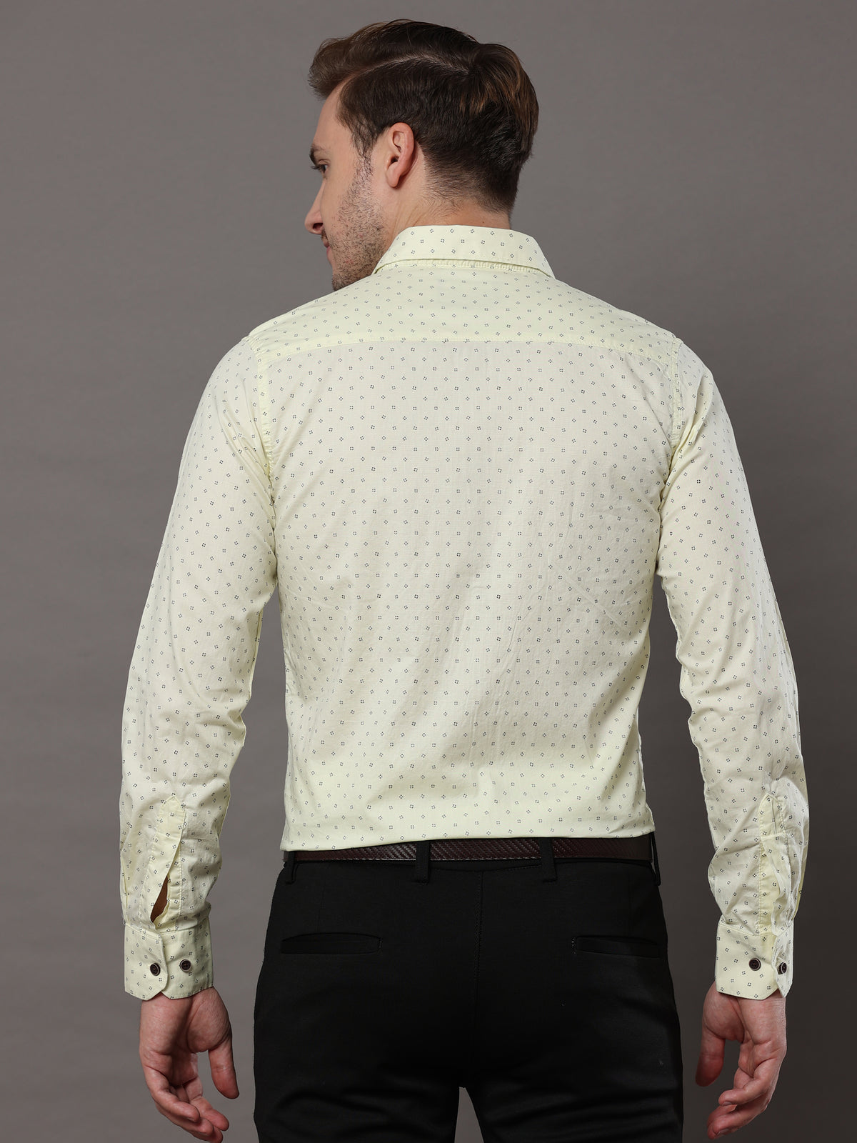 Shop Men's Light Yellow Slim Fit Cotton Casual Printed Shirt Online.