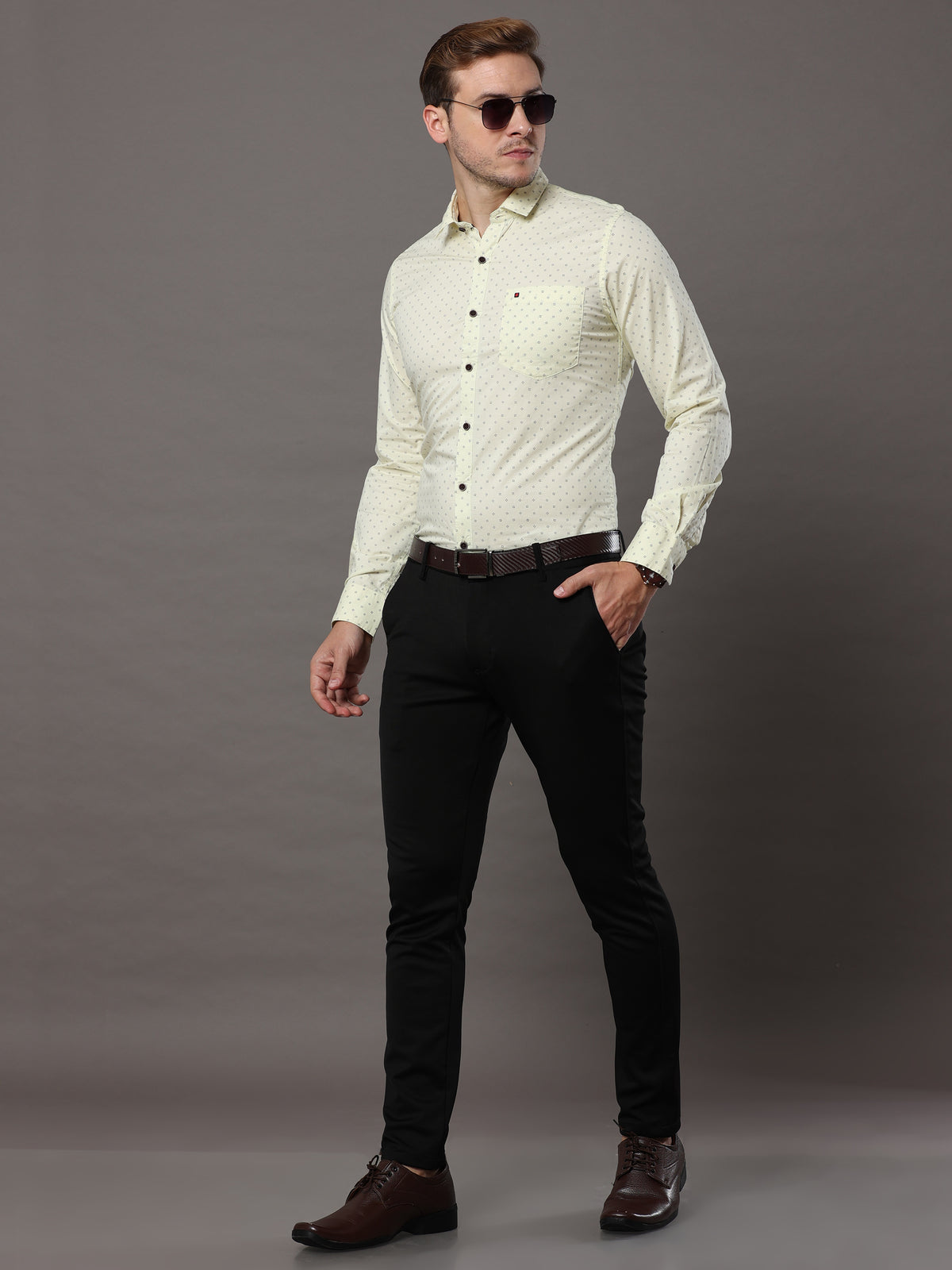 Shop Men's Light Yellow Slim Fit Cotton Casual Printed Shirt Online.