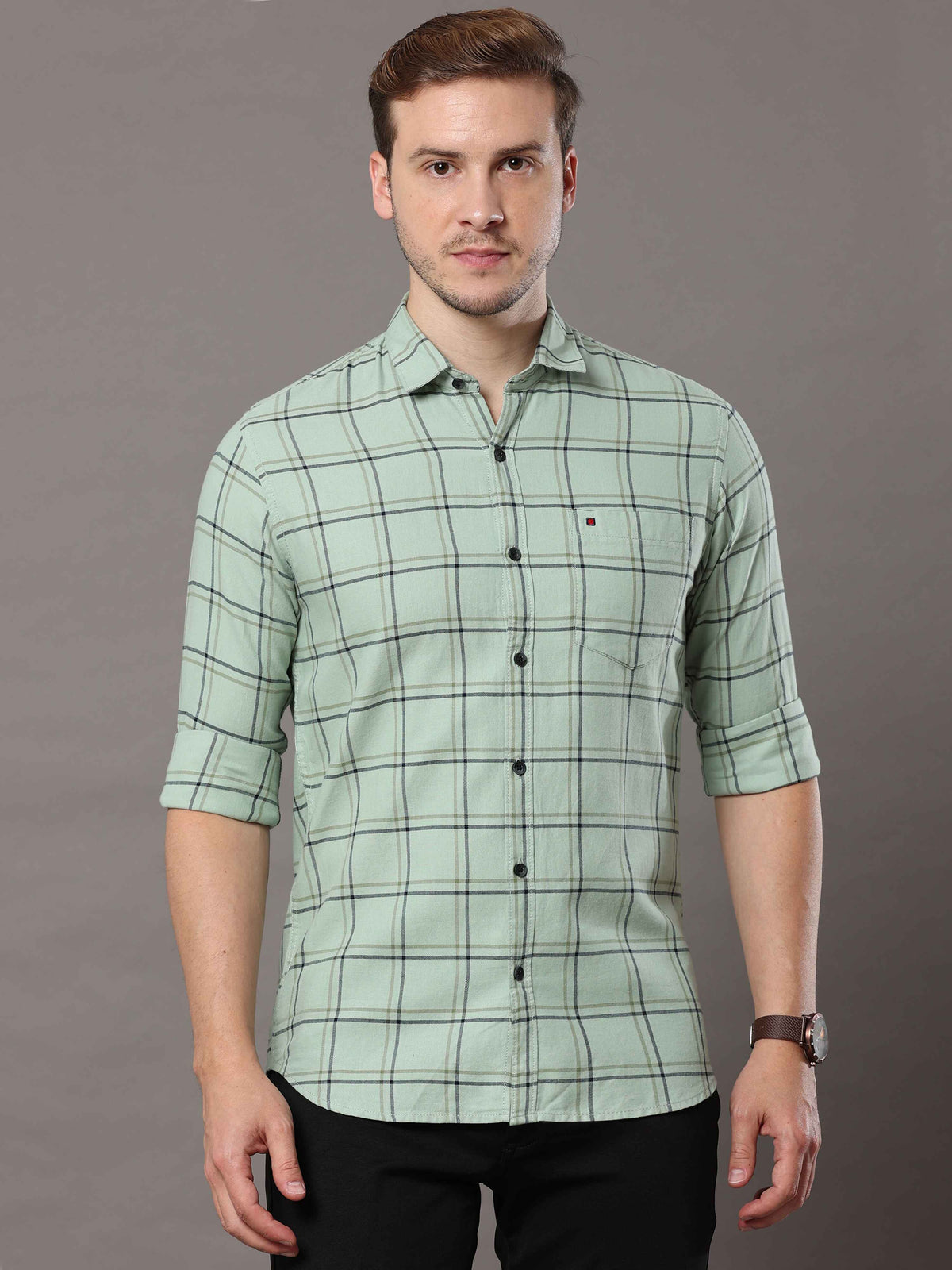 Shop Men's Olive Green Slim Fit Cotton Casual Checks Shirt Online.