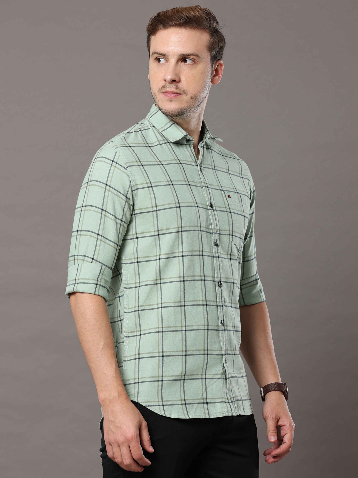 Shop Men's Olive Green Slim Fit Cotton Casual Checks Shirt Online.