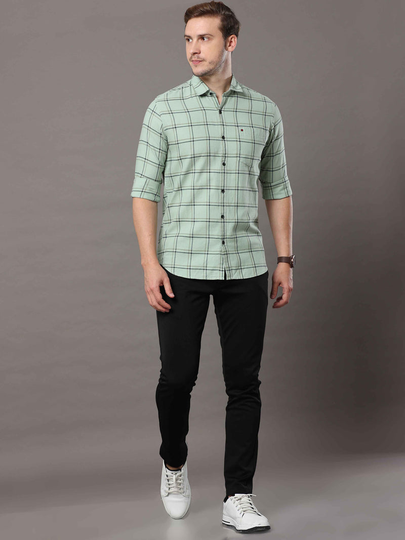 Shop Men's Olive Green Slim Fit Cotton Casual Checks Shirt Online.