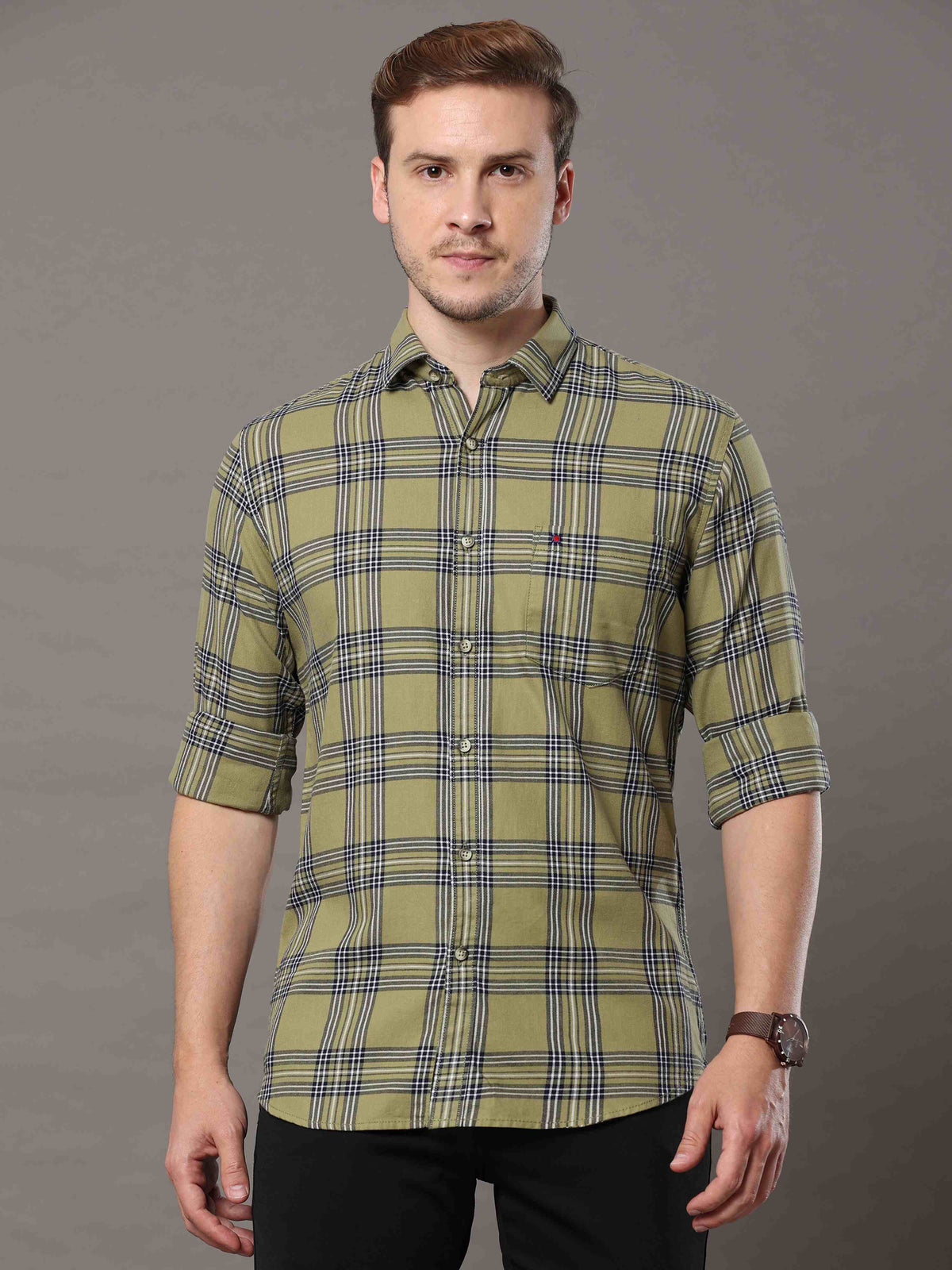 Shop Men's Green Slim Fit Cotton Casual Checks Shirt Online.