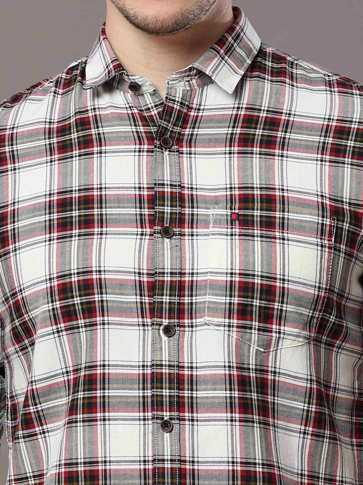 Men's White Slim Fit Checks Full Sleeves Casual Shirts