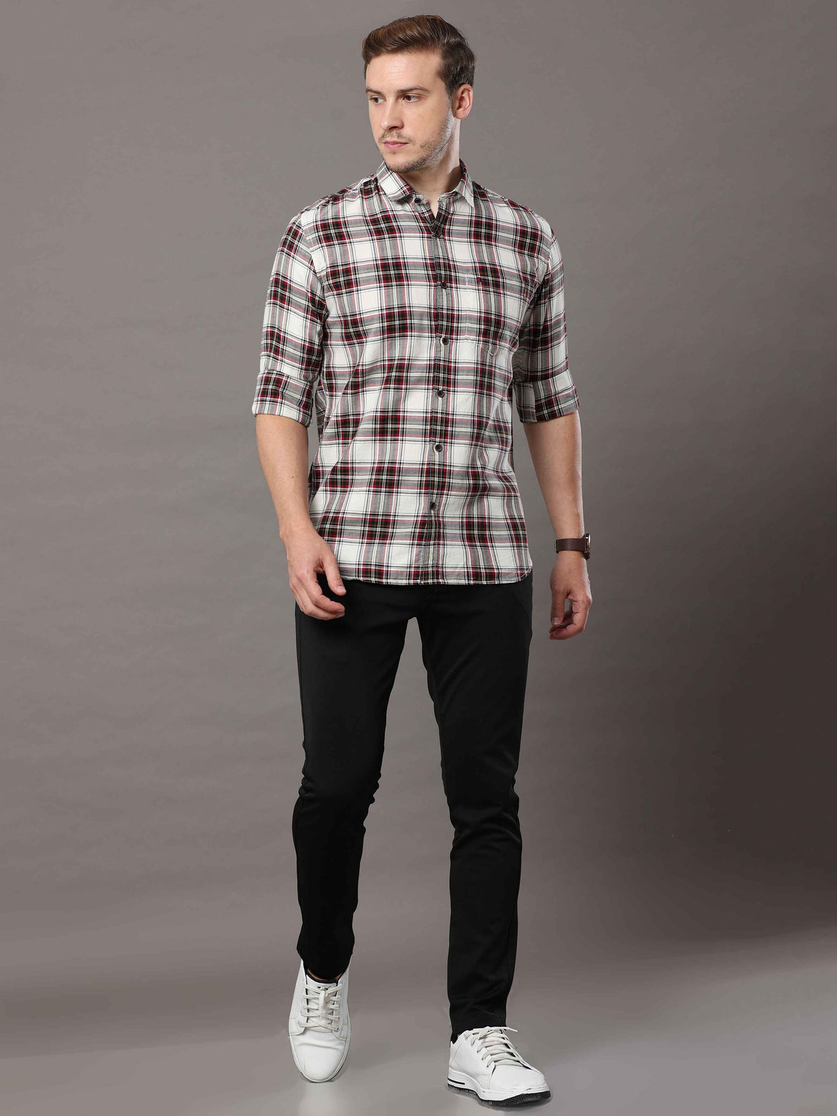 Men's White Slim Fit Checks Full Sleeves Casual Shirts
