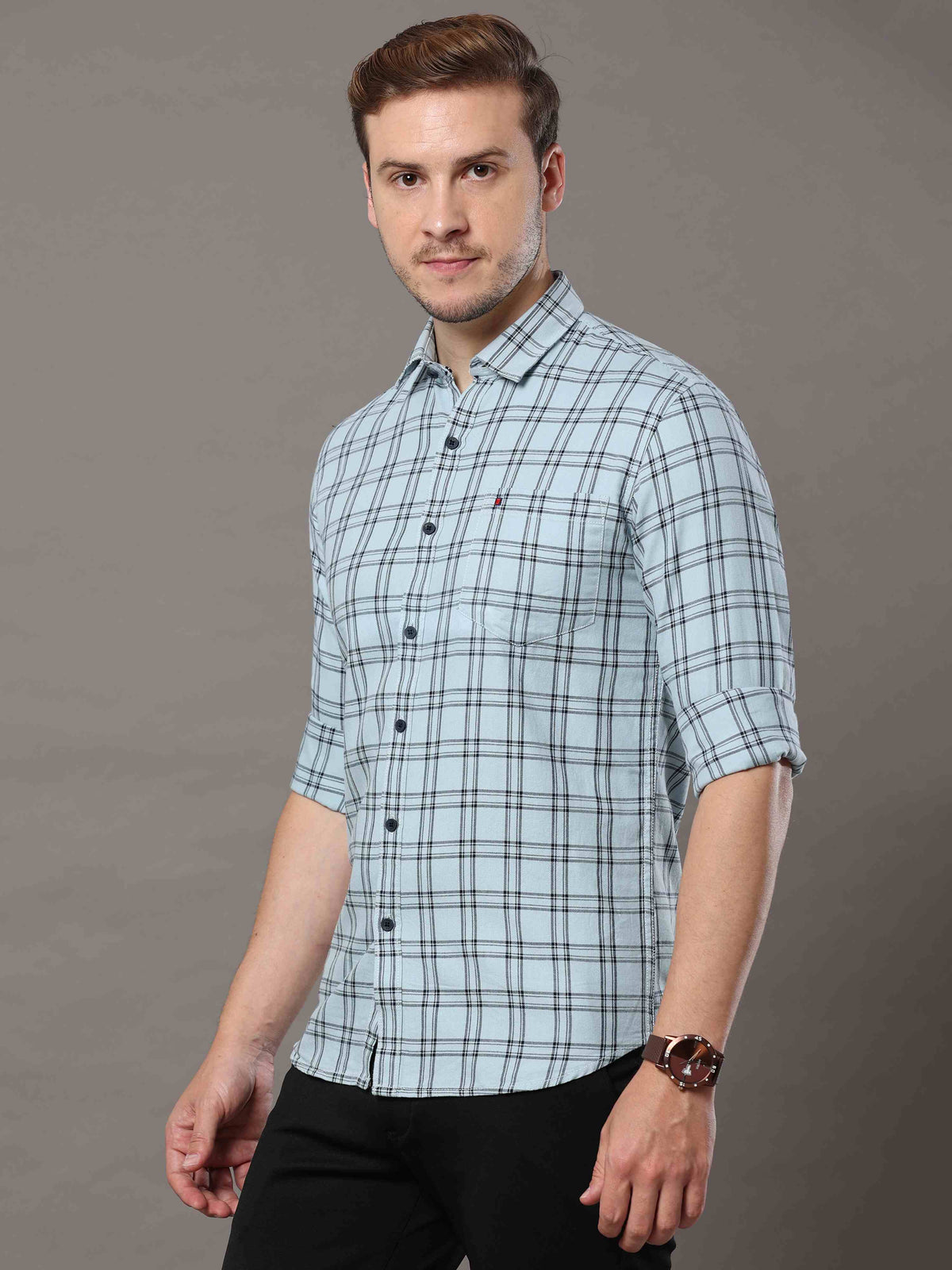 Men's Sky Blue Slim Fit Checks Full Sleeves Casual Shirts