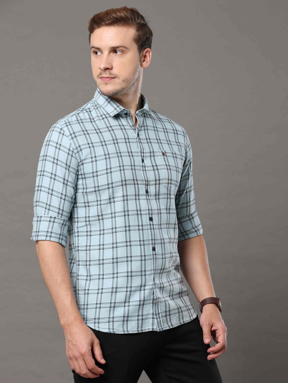 Men's Sky Blue Slim Fit Checks Full Sleeves Casual Shirts