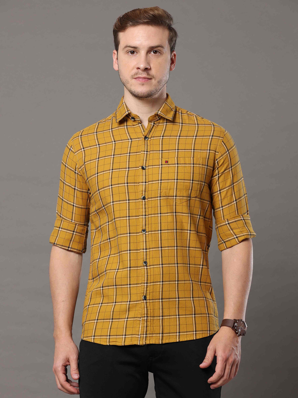 Shop Men's Mustard Slim Fit Cotton Casual Checks Shirt Online.