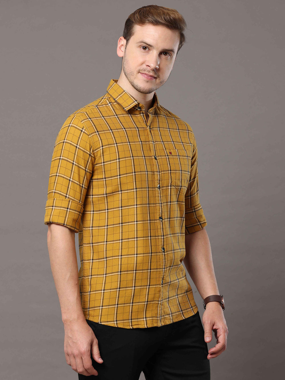 Men's Mustard Slim Fit Checks Full Sleeves Casual Shirts