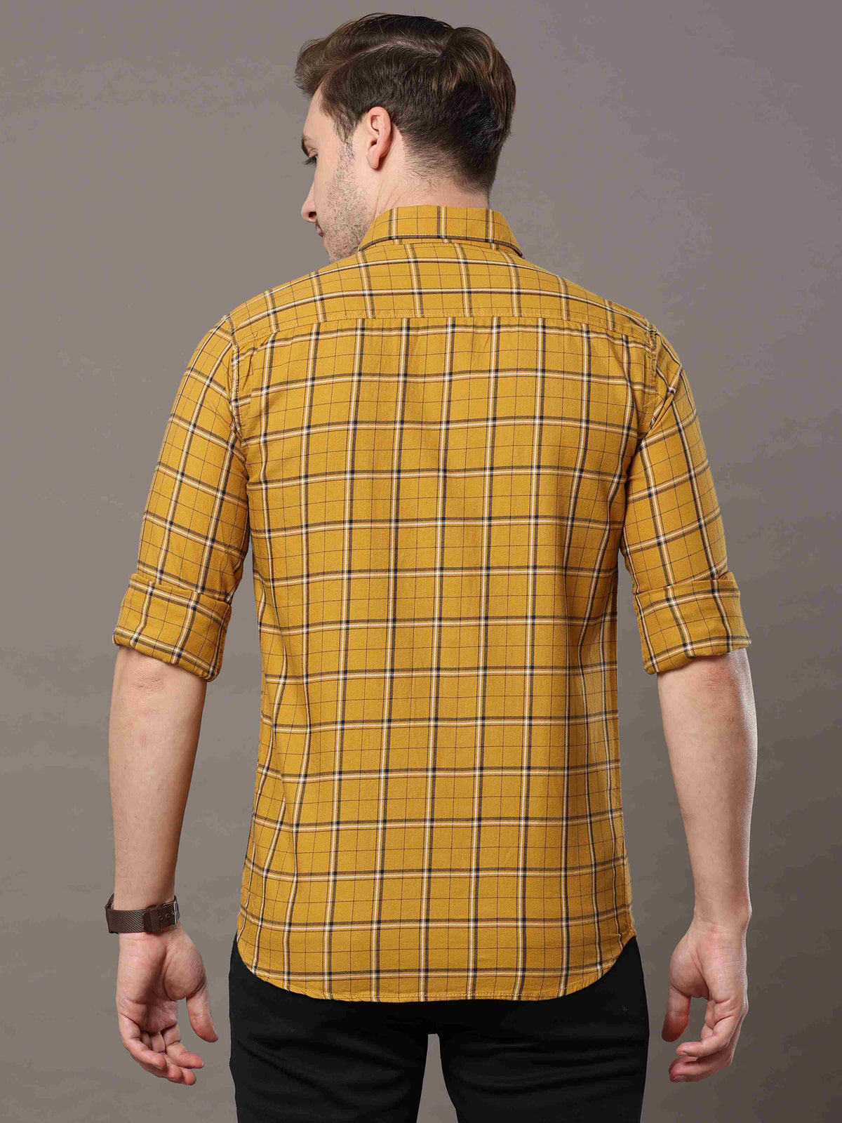 Men's Mustard Slim Fit Checks Full Sleeves Casual Shirts