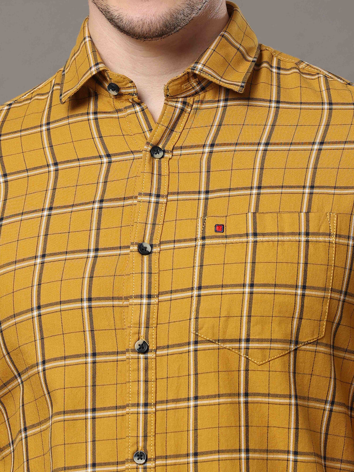 Shop Men's Mustard Slim Fit Cotton Casual Checks Shirt Online.