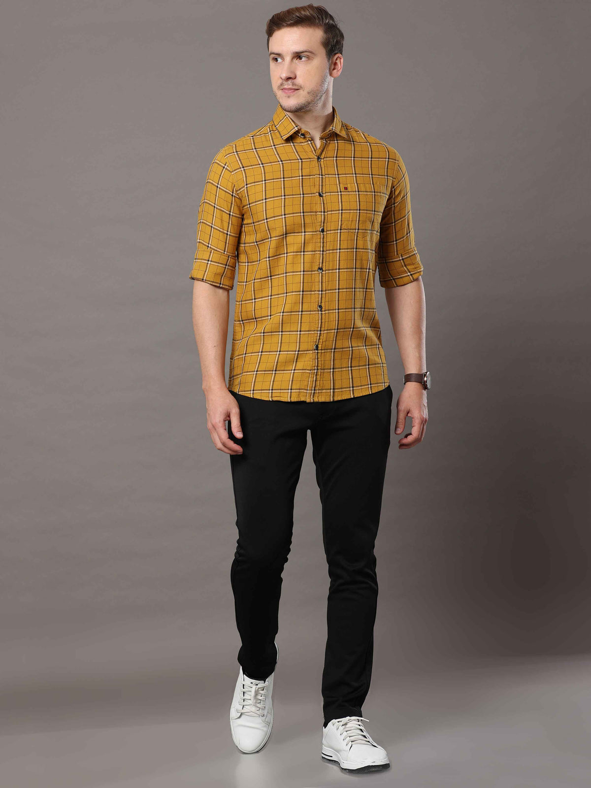 Shop Men's Mustard Slim Fit Cotton Casual Checks Shirt Online.