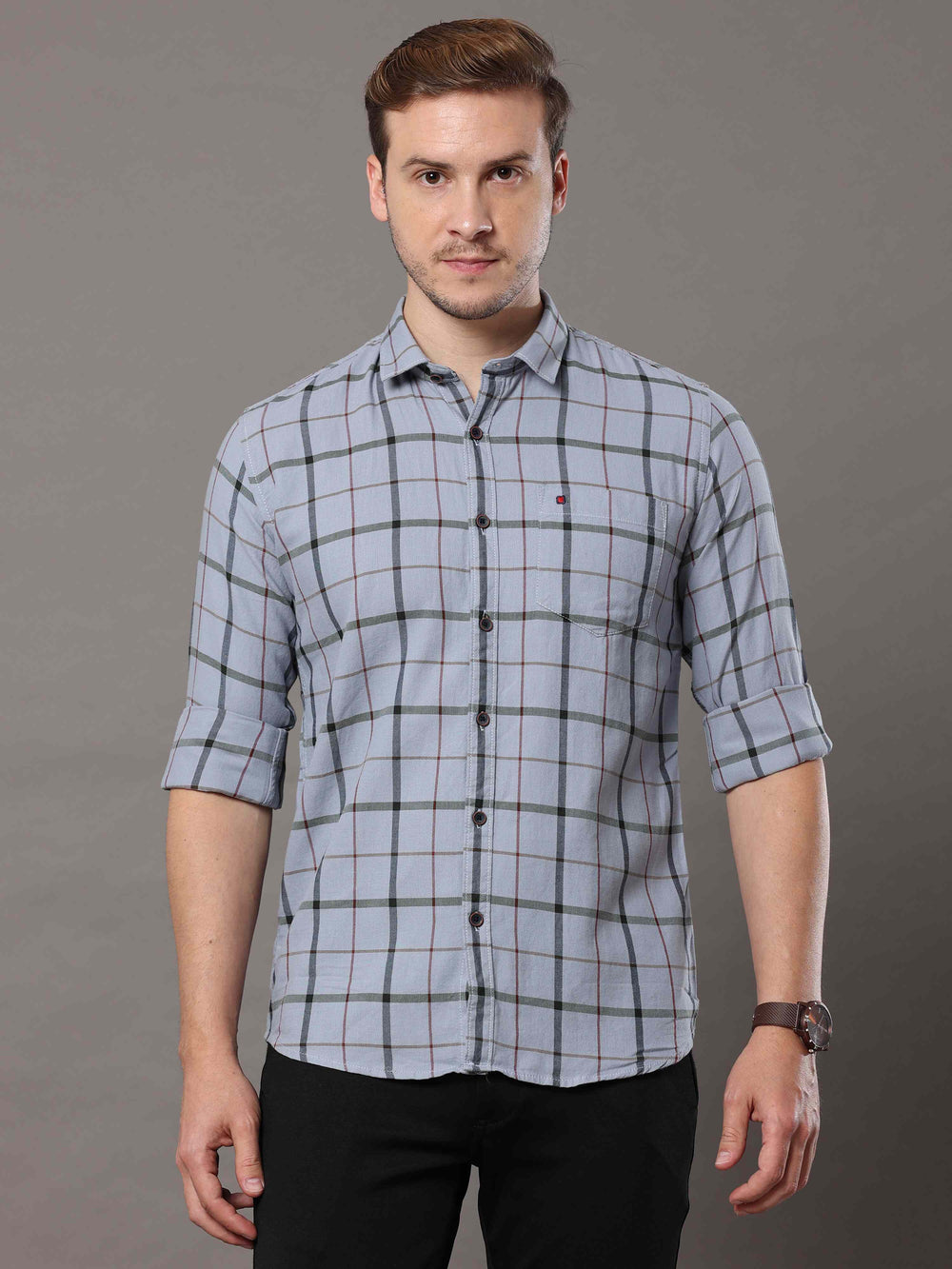 Men's Grey Slim Fit Checks Full Sleeves Casual Shirts