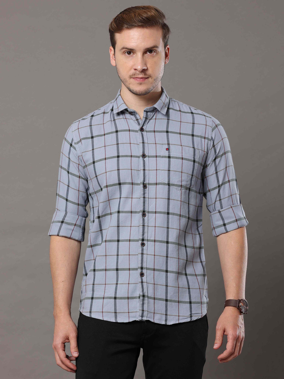 Shop Men's Grey Slim Fit Cotton Casual Checks Shirt Online.