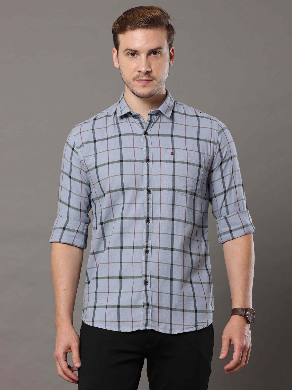 Men's Grey Slim Fit Checks Full Sleeves Casual Shirts