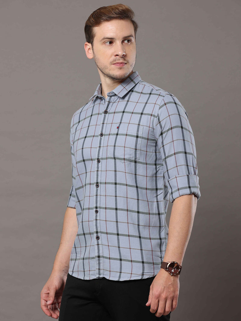 Shop Men's Grey Slim Fit Cotton Casual Checks Shirt Online.