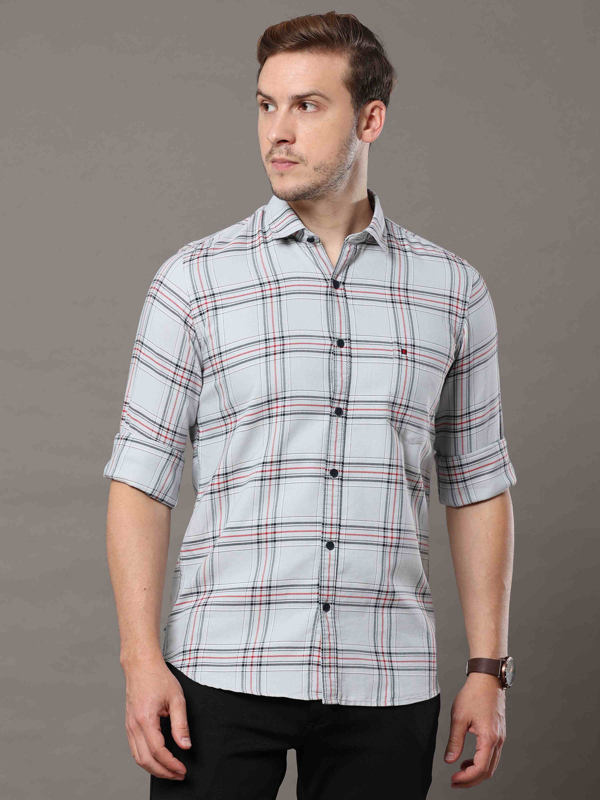 Shop Men's Grey Slim Fit Cotton Casual Checks Shirt Online.