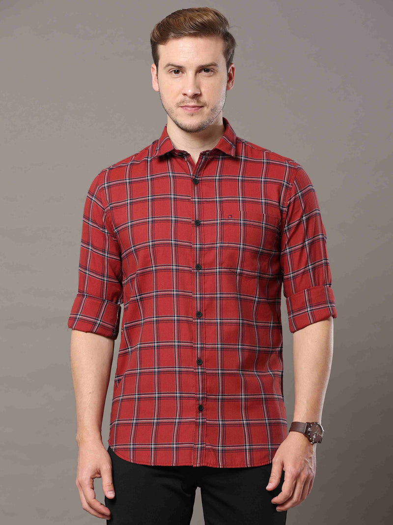 Shop Men's Rust Slim Fit Cotton Casual Checks Shirt Online.