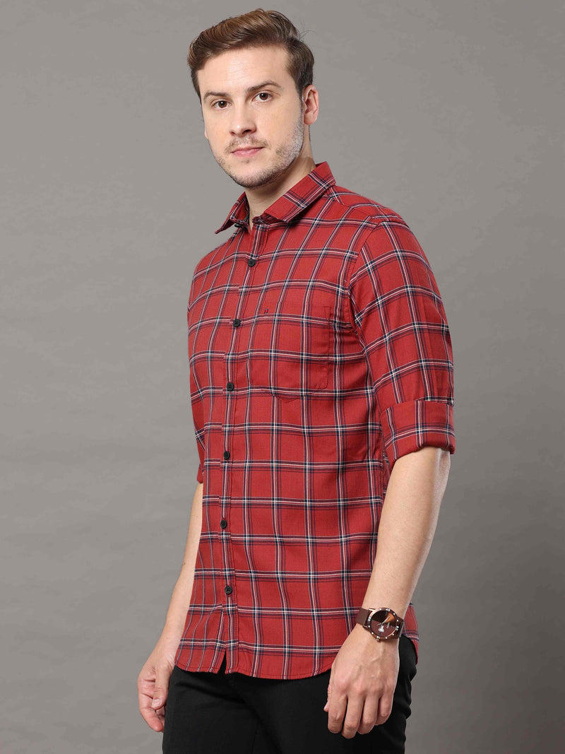 Shop Men's Rust Slim Fit Cotton Casual Checks Shirt Online.