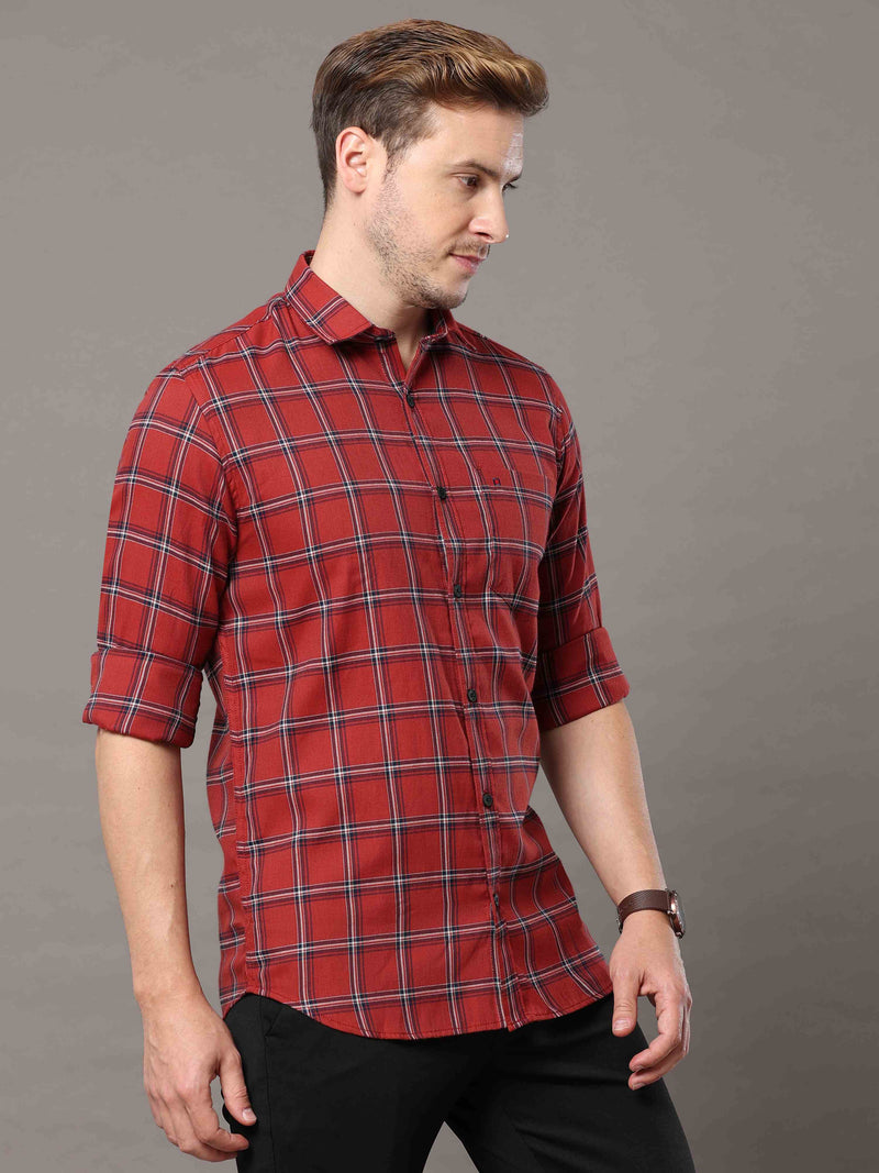 Shop Men's Rust Slim Fit Cotton Casual Checks Shirt Online.