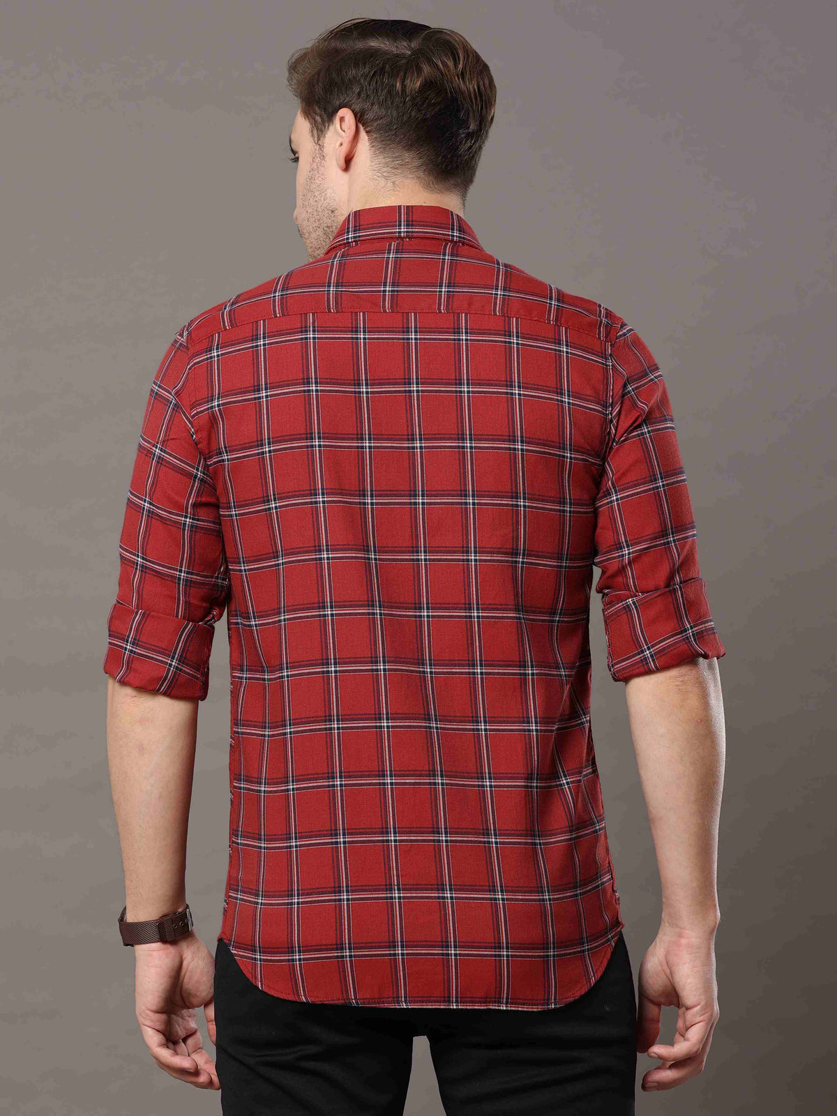 Shop Men's Rust Slim Fit Cotton Casual Checks Shirt Online.