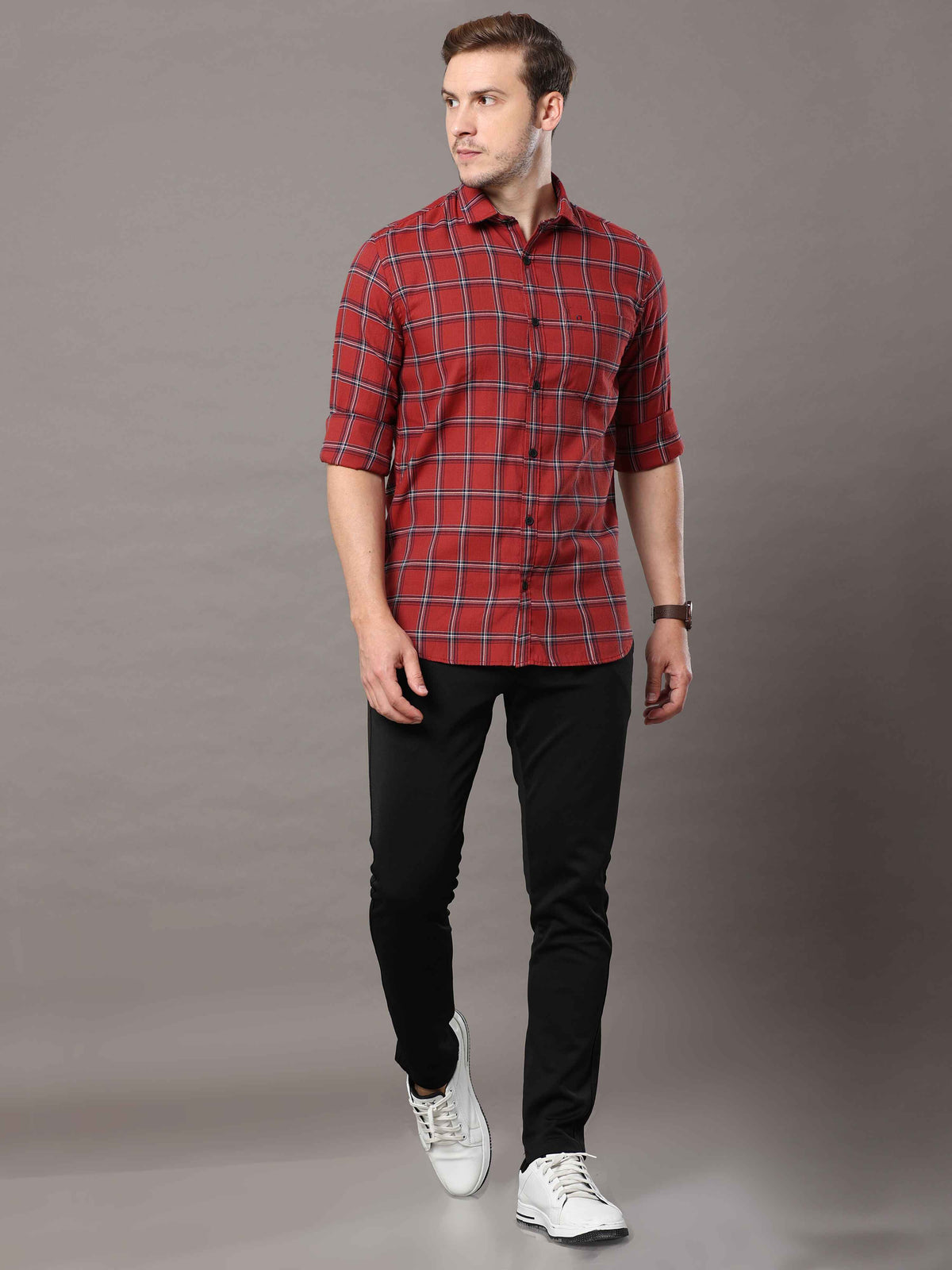 Shop Men's Rust Slim Fit Cotton Casual Checks Shirt Online.