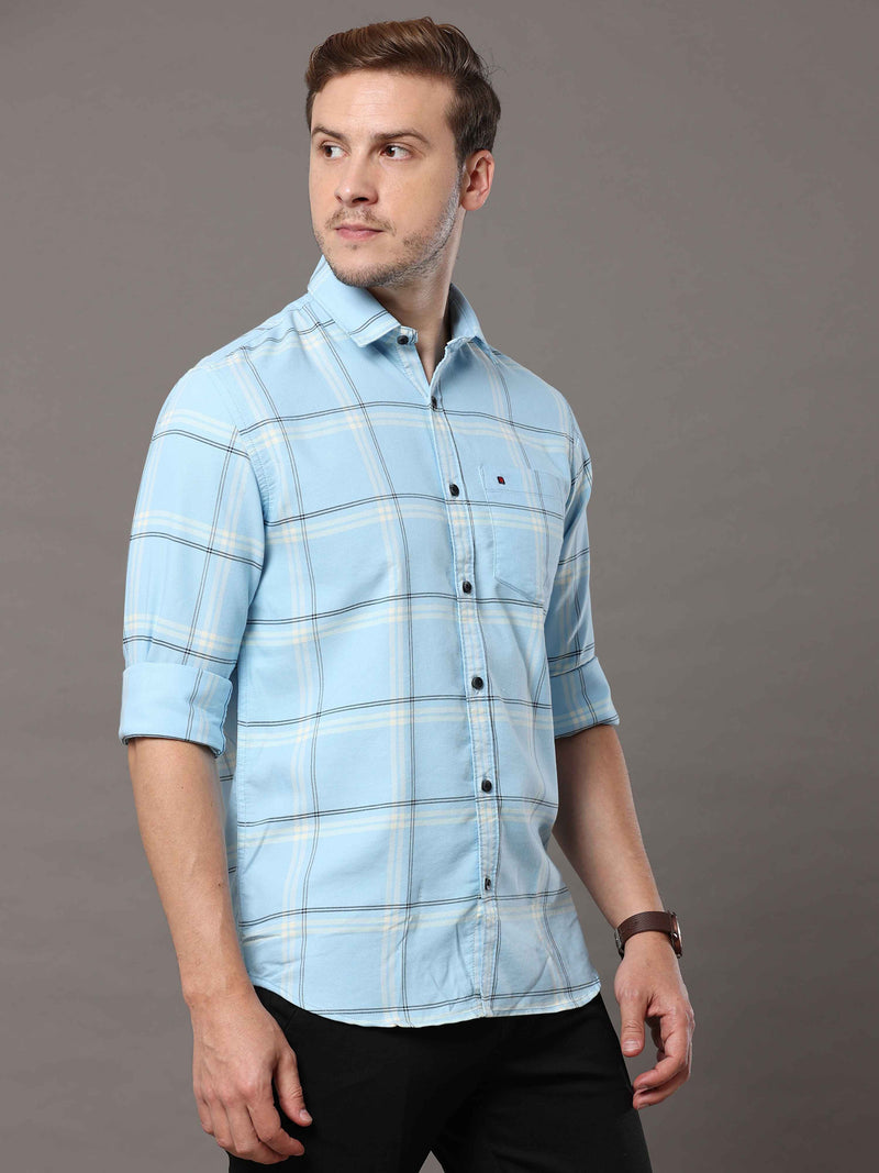 Shop Men's Light Blue Slim Fit Cotton Casual Checks Shirt Online.