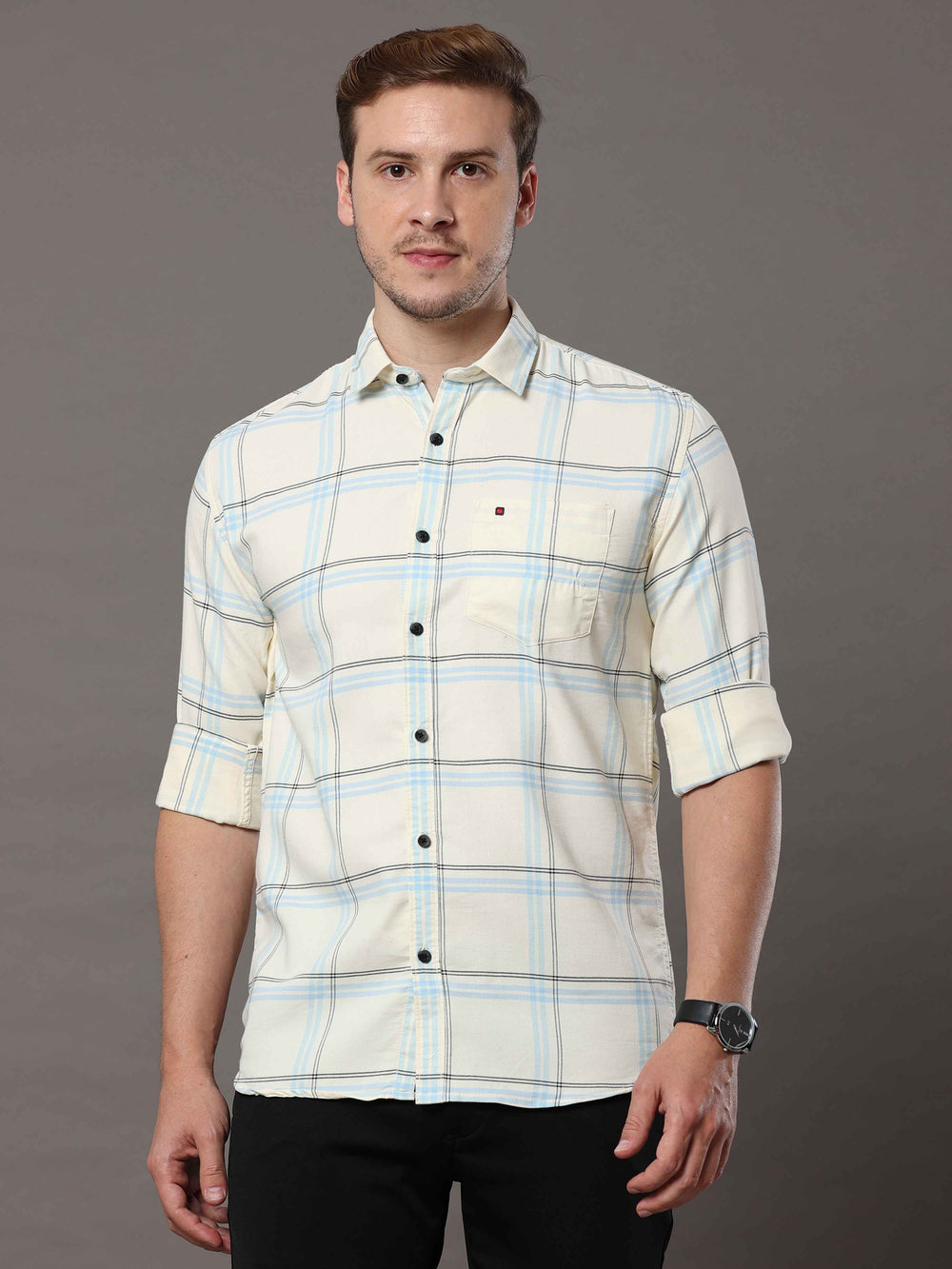 Men's Cream Slim Fit Checks Full Sleeves Casual Shirts