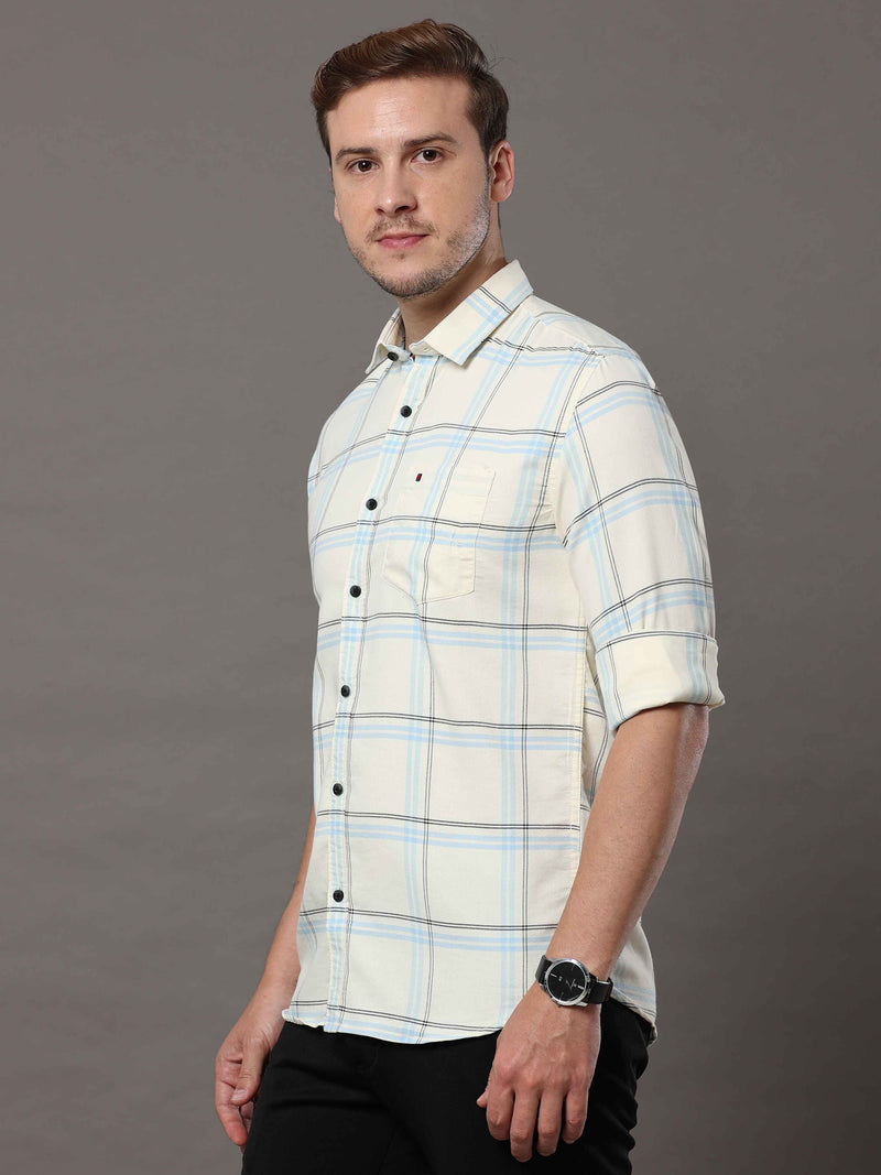 Shop Men's Cream Slim Fit Cotton Casual Checks Shirt Online.