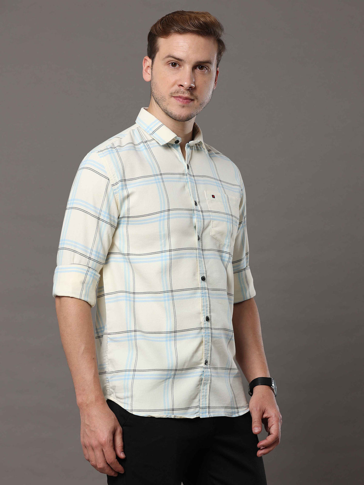 Men's Cream Slim Fit Checks Full Sleeves Casual Shirts