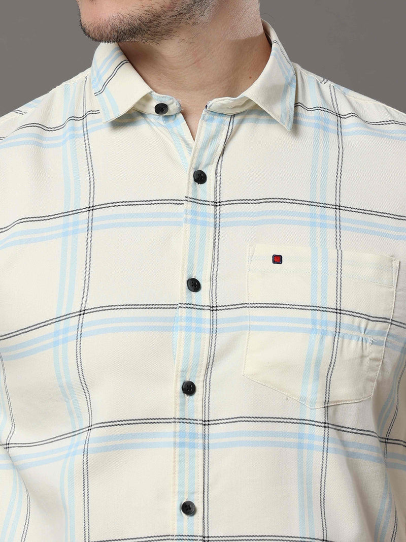 Shop Men's Cream Slim Fit Cotton Casual Checks Shirt Online.