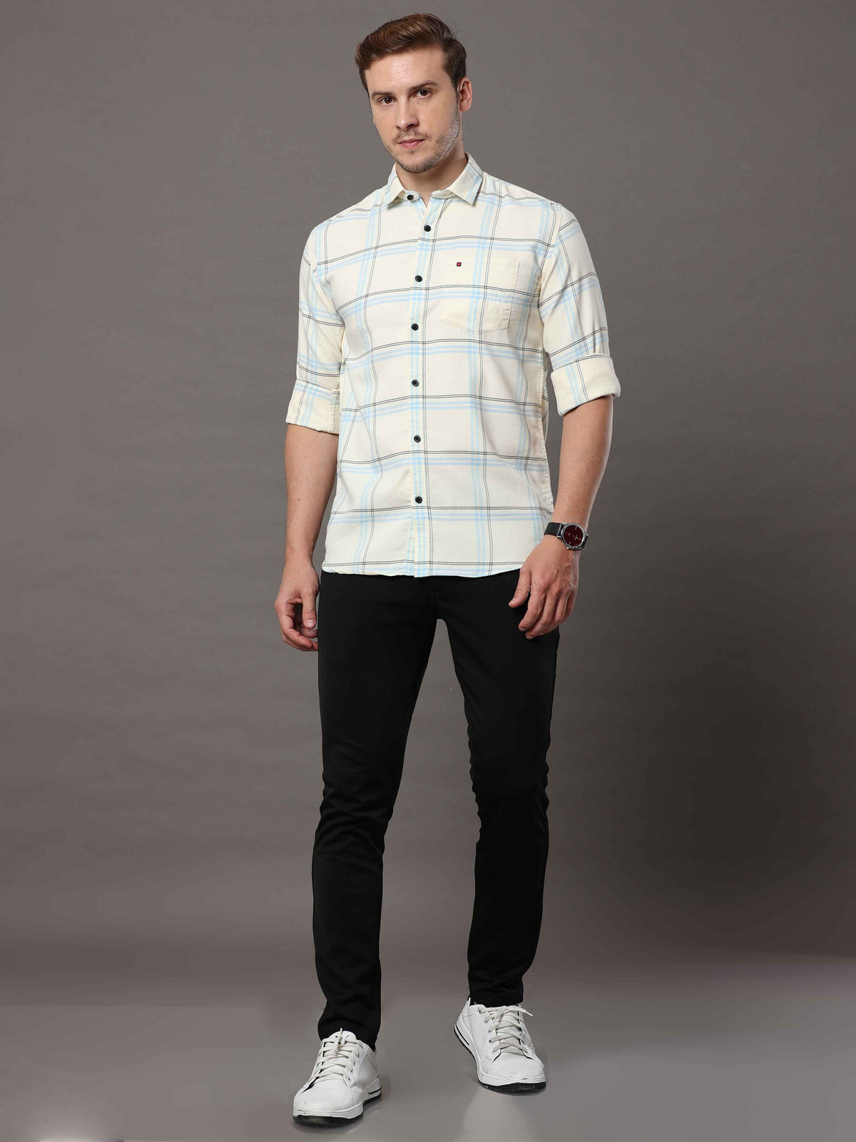 Shop Men's Cream Slim Fit Cotton Casual Checks Shirt Online.