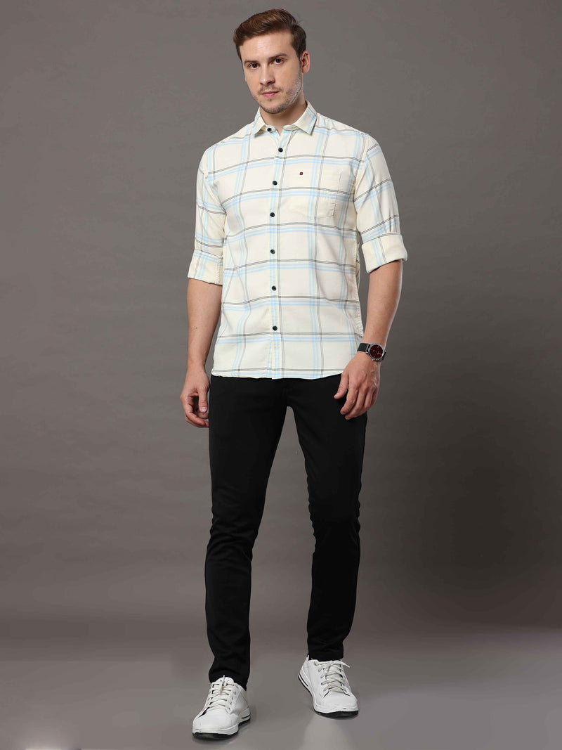 Shop Men's Cream Slim Fit Cotton Casual Checks Shirt Online.