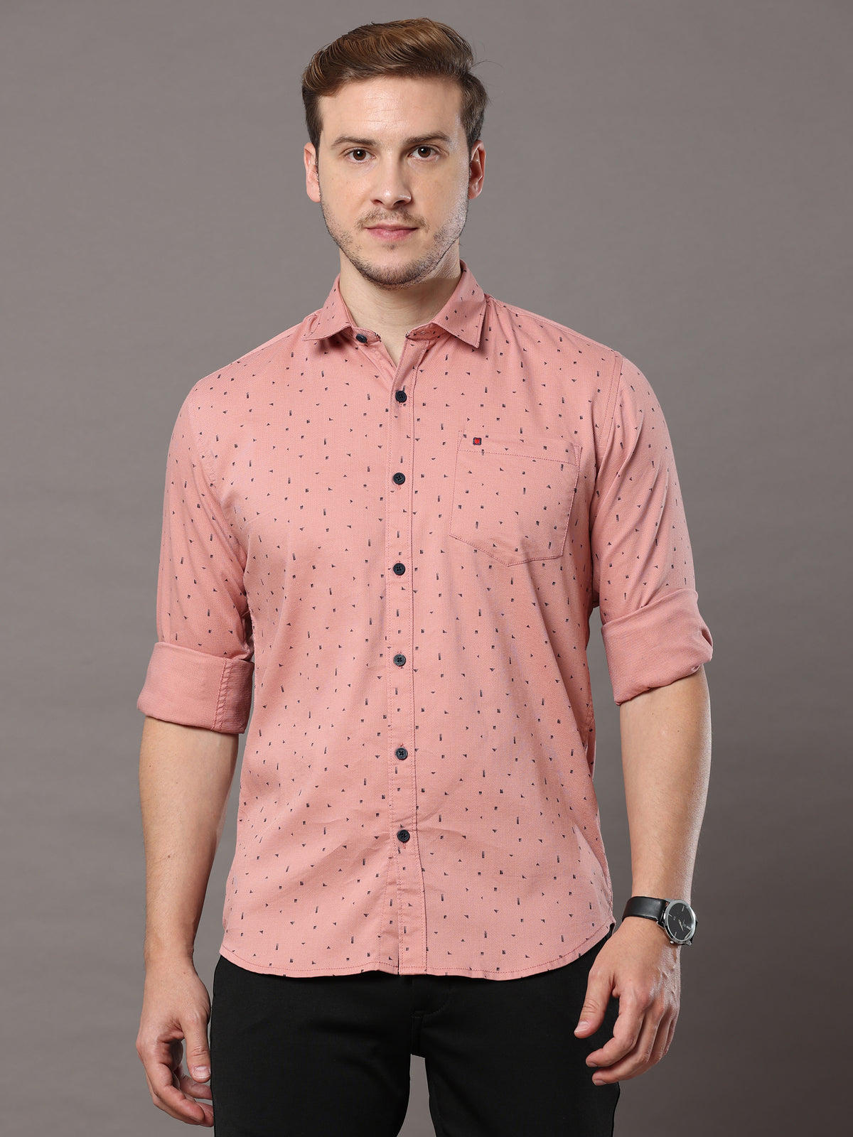 Men's Peach Slim Fit Printed Full Sleeves Casual Shirts