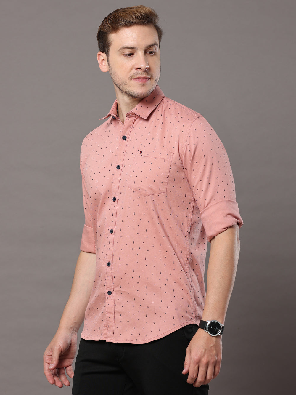 Men's Peach Slim Fit Printed Full Sleeves Casual Shirts