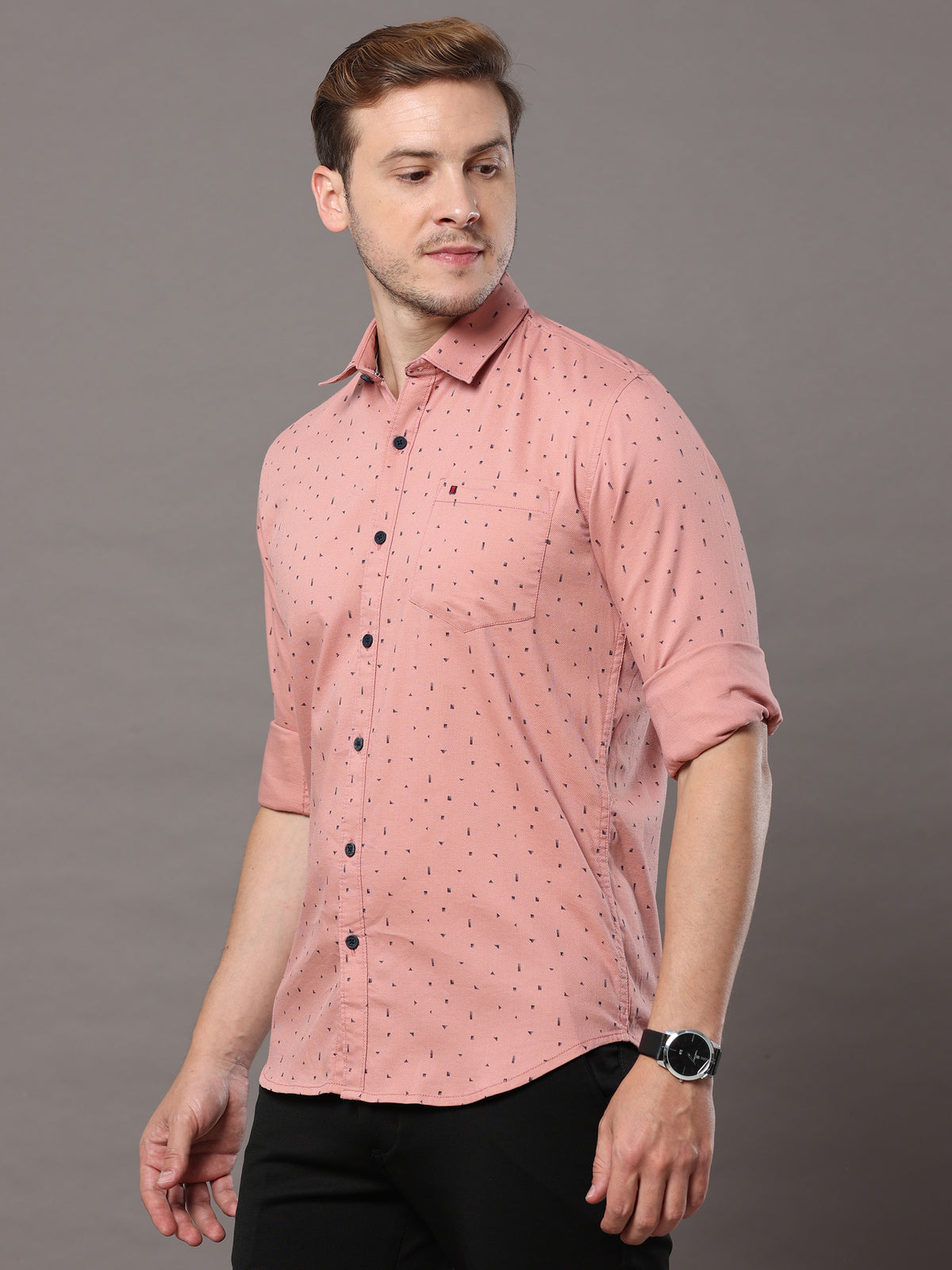 Men's Peach Slim Fit Printed Full Sleeves Casual Shirts