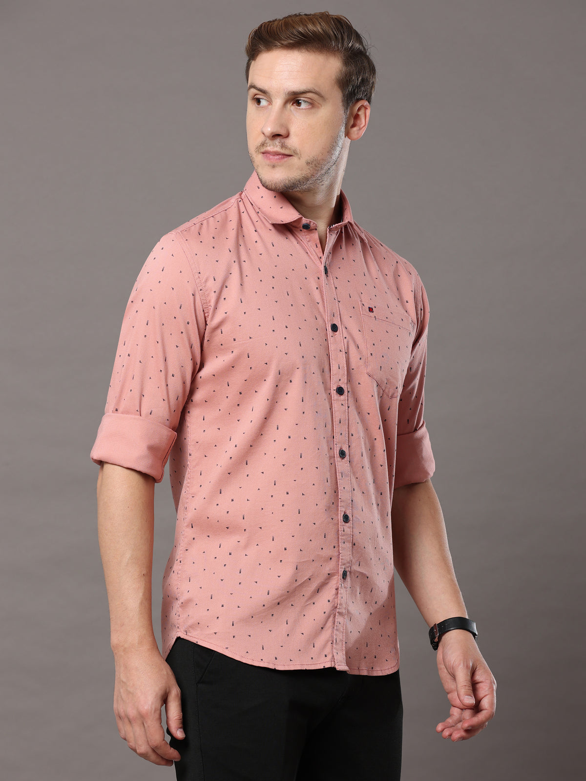 Men's Peach Slim Fit Printed Full Sleeves Casual Shirts