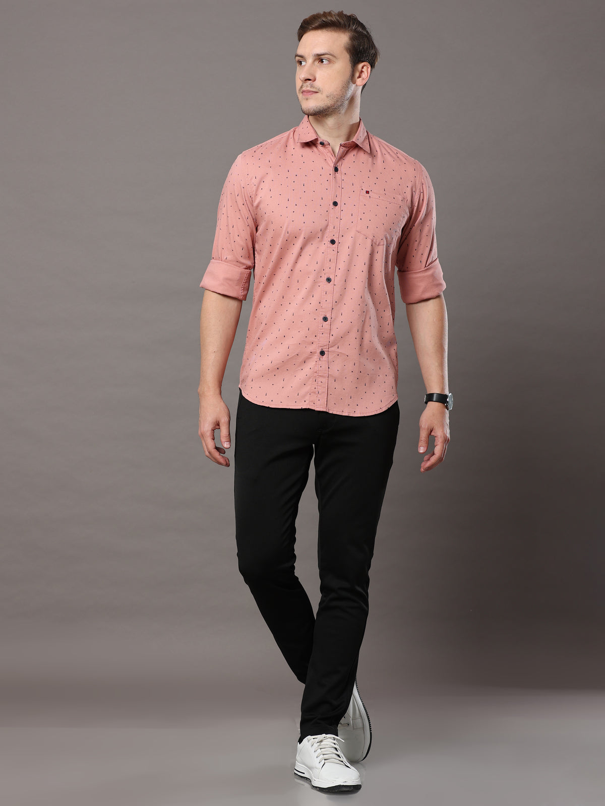 Men's Peach Slim Fit Printed Full Sleeves Casual Shirts